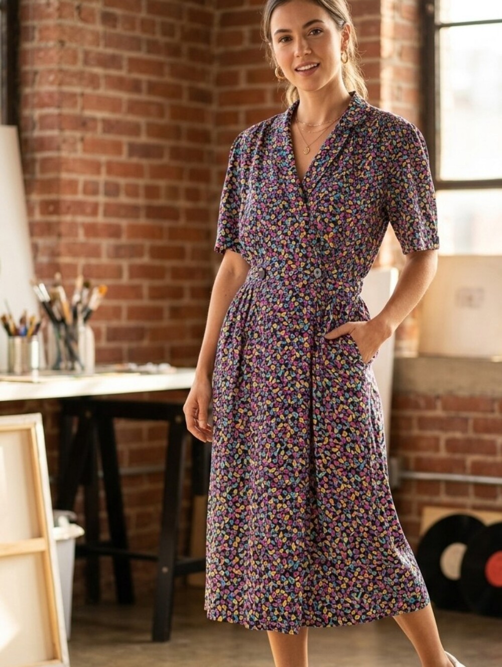 Vintage Ms Chaus 80s 90s Rayon Abstract Mosaic Dress Midi Pockets Size 10